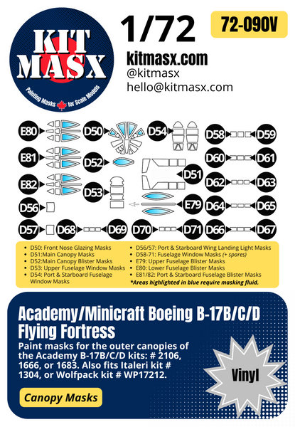 Academy/Minicraft Boeing B-17B/C/D Flying Fortress 1/72 Canopy Paint Masks