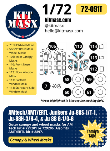 AMtech Junkers Ju-88S-1/T-1/Ju-88H-3/H-4/Ju 88 G-1/G-6 1/72 Canopy & Wheel Paint Masks, Kit # 729201