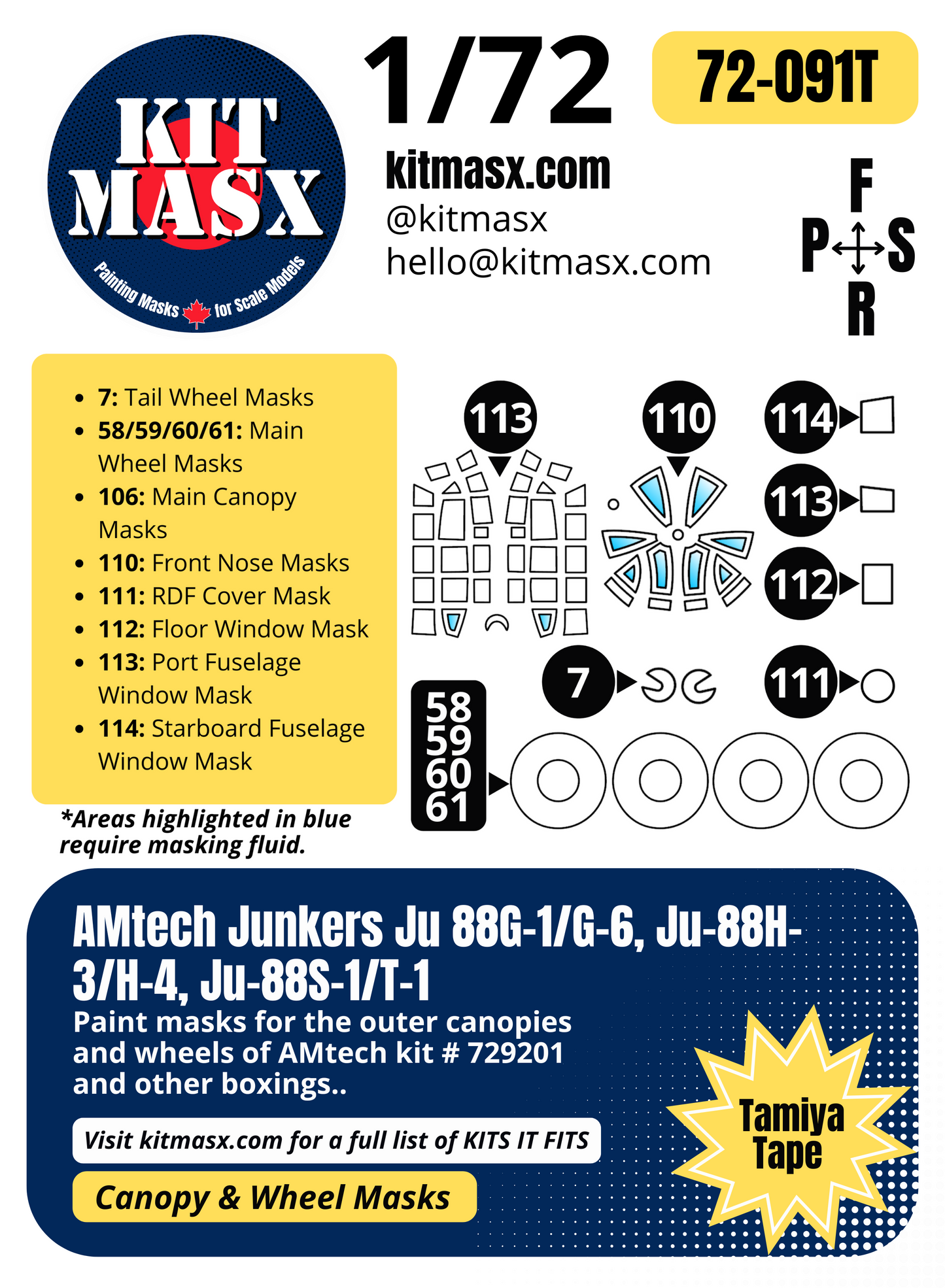 AMtech Junkers Ju 88G-1/G-6, Ju-88H-3/H-4, Ju-88S-1/T-1 1/72 Canopy & Wheel Paint Masks, Kit # 729201