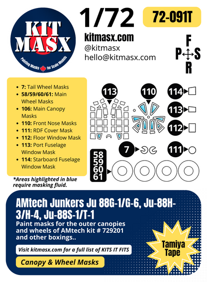 AMtech Junkers Ju 88G-1/G-6, Ju-88H-3/H-4, Ju-88S-1/T-1 1/72 Canopy & Wheel Paint Masks, Kit # 729201