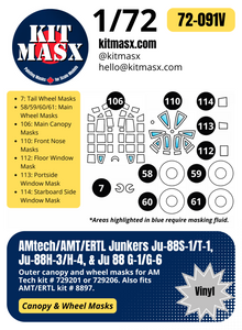 AMtech/AMT/ERTL Junkers Ju-88S-1/T-1/Ju-88H-3/H-4/Ju 88 G-1/G-6 1/72 Canopy & Wheel Paint Masks