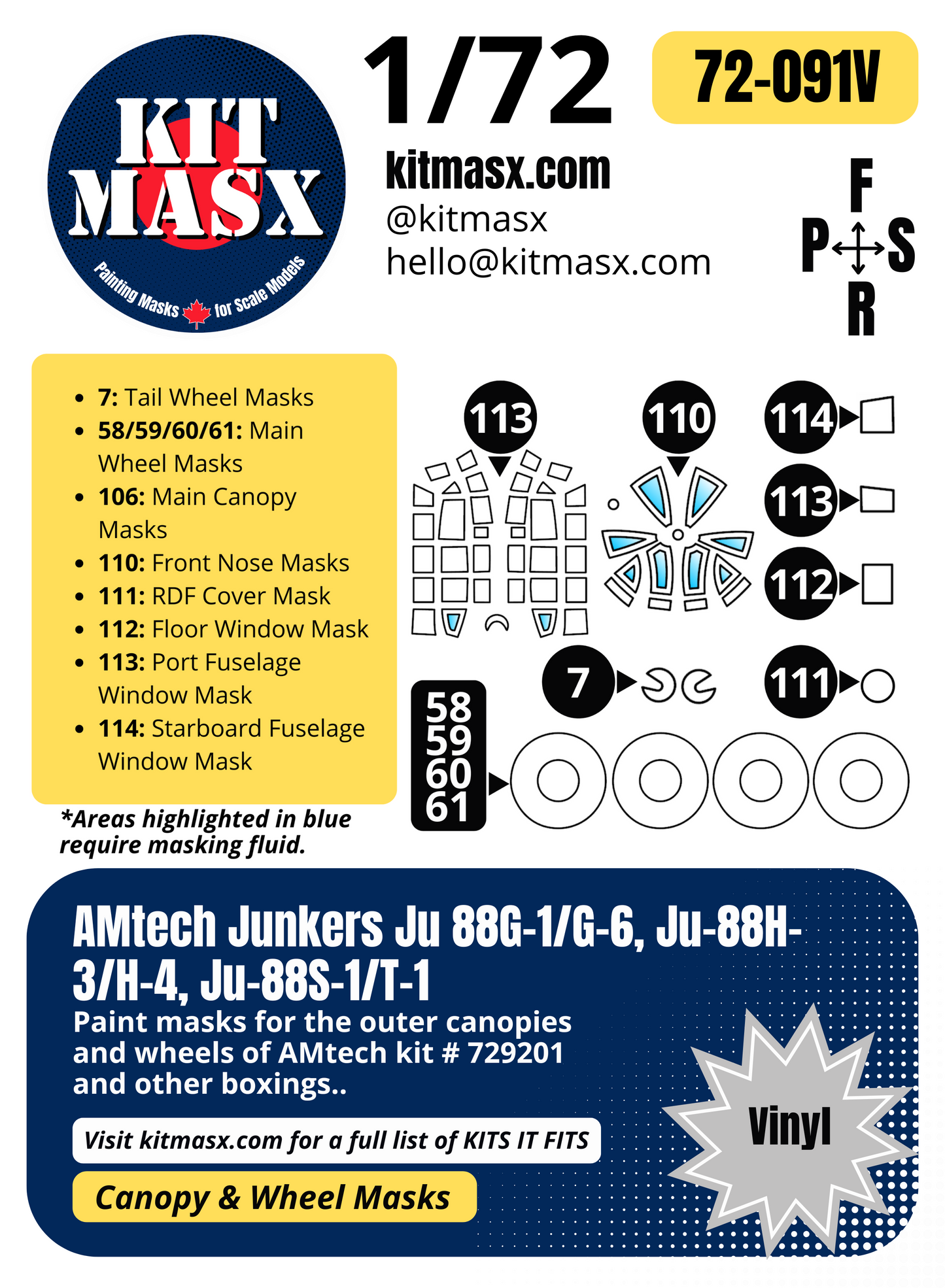 AMtech Junkers Ju 88G-1/G-6, Ju-88H-3/H-4, Ju-88S-1/T-1 1/72 Canopy & Wheel Paint Masks, Kit # 729201