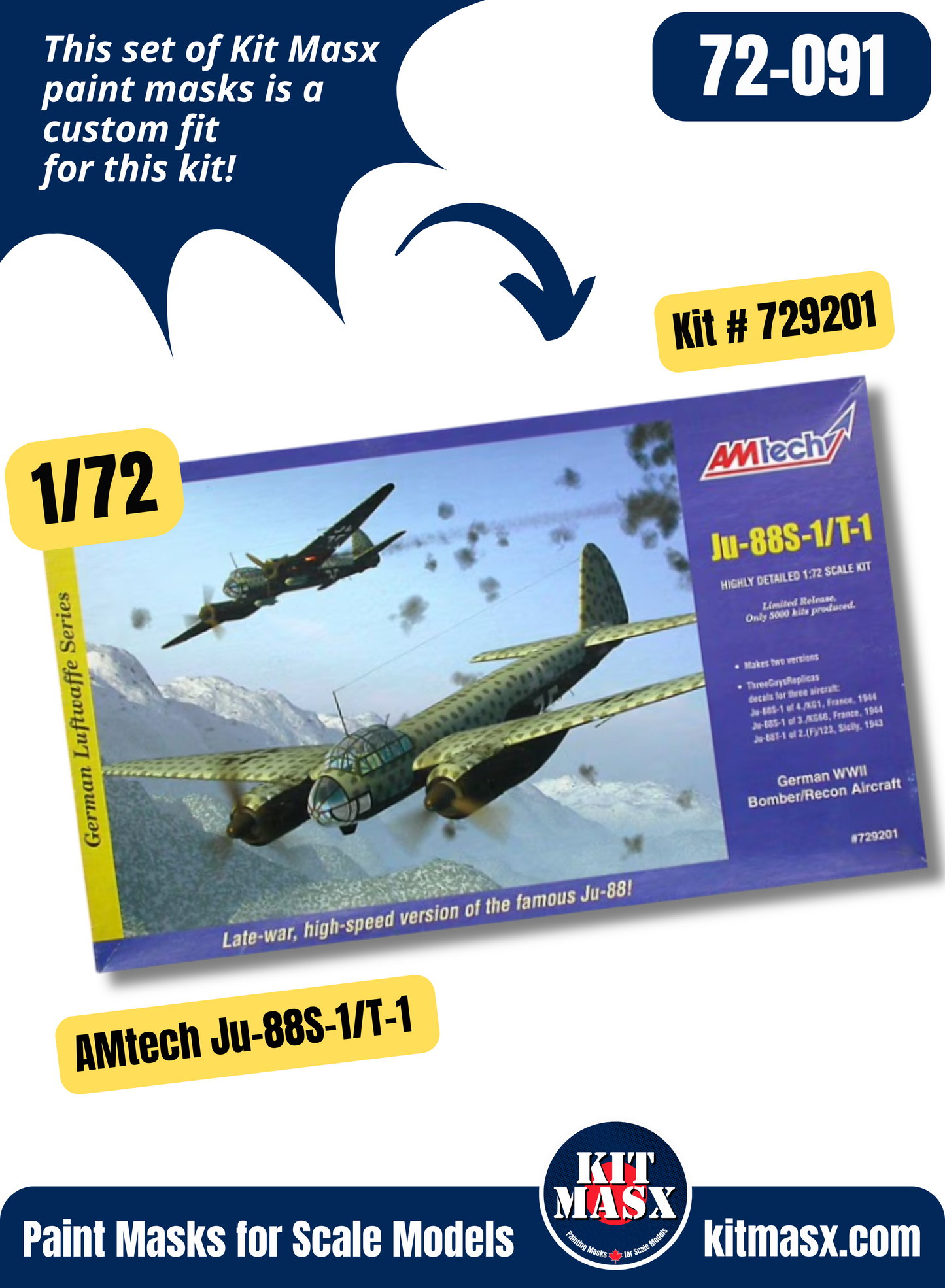 AMtech Junkers Ju 88G-1/G-6, Ju-88H-3/H-4, Ju-88S-1/T-1 1/72 Canopy & Wheel Paint Masks, Kit # 729201