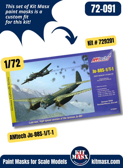 AMtech Junkers Ju 88G-1/G-6, Ju-88H-3/H-4, Ju-88S-1/T-1 1/72 Canopy & Wheel Paint Masks, Kit # 729201
