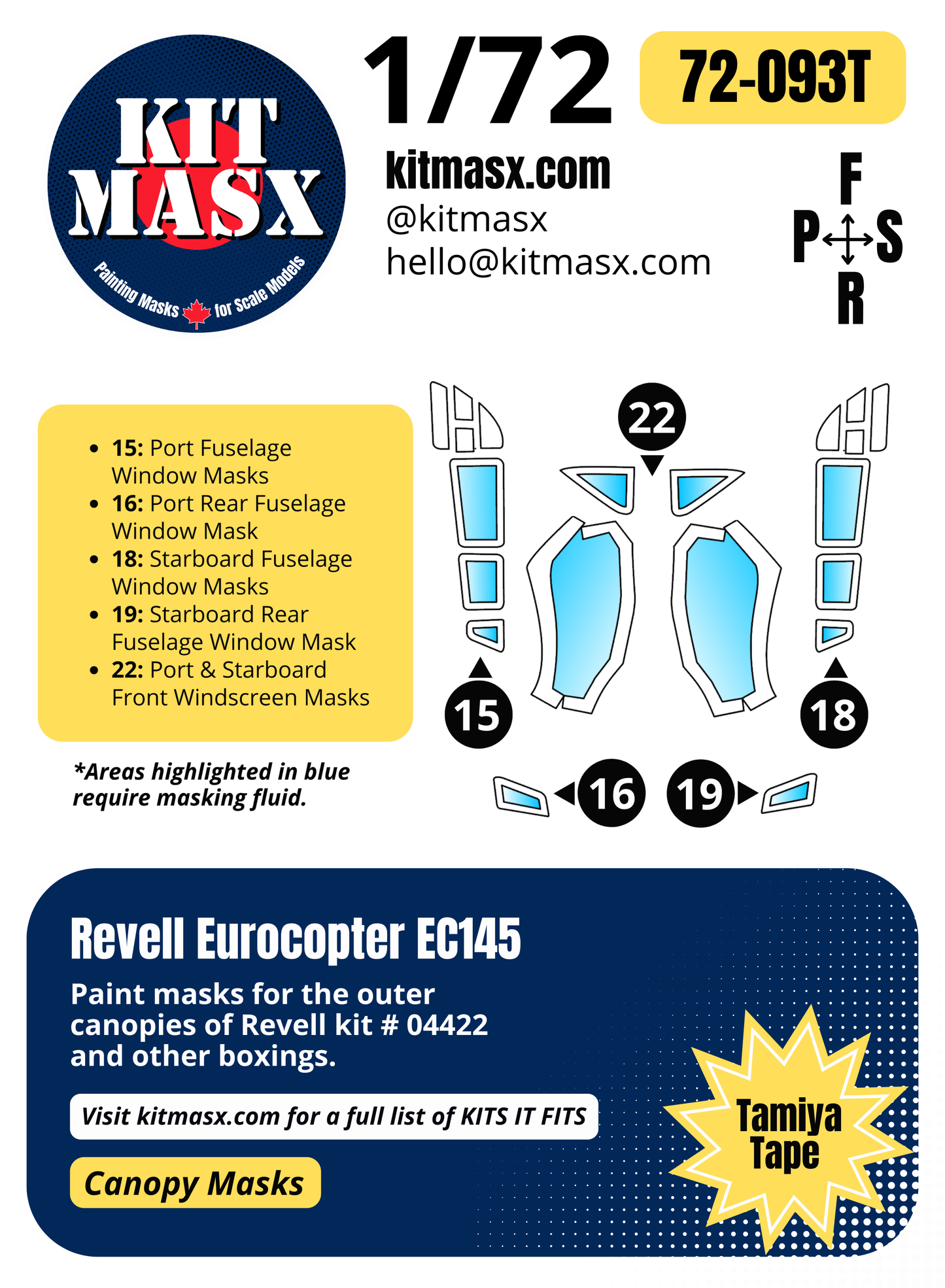 Revell Eurocopter EC145 1/72 Canopy Paint Masks, Kit # 04422