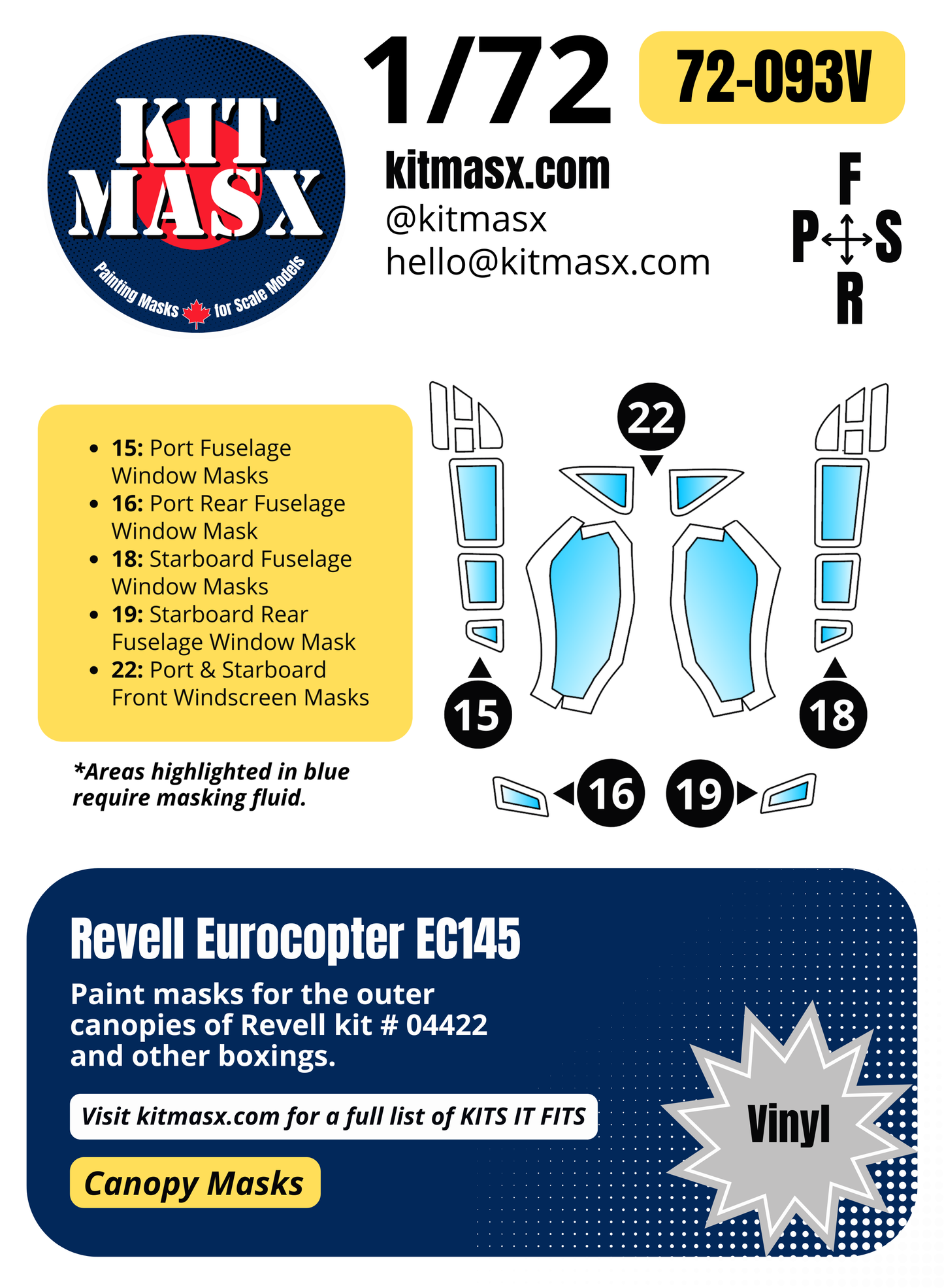Revell Eurocopter EC145 1/72 Canopy Paint Masks, Kit # 04422