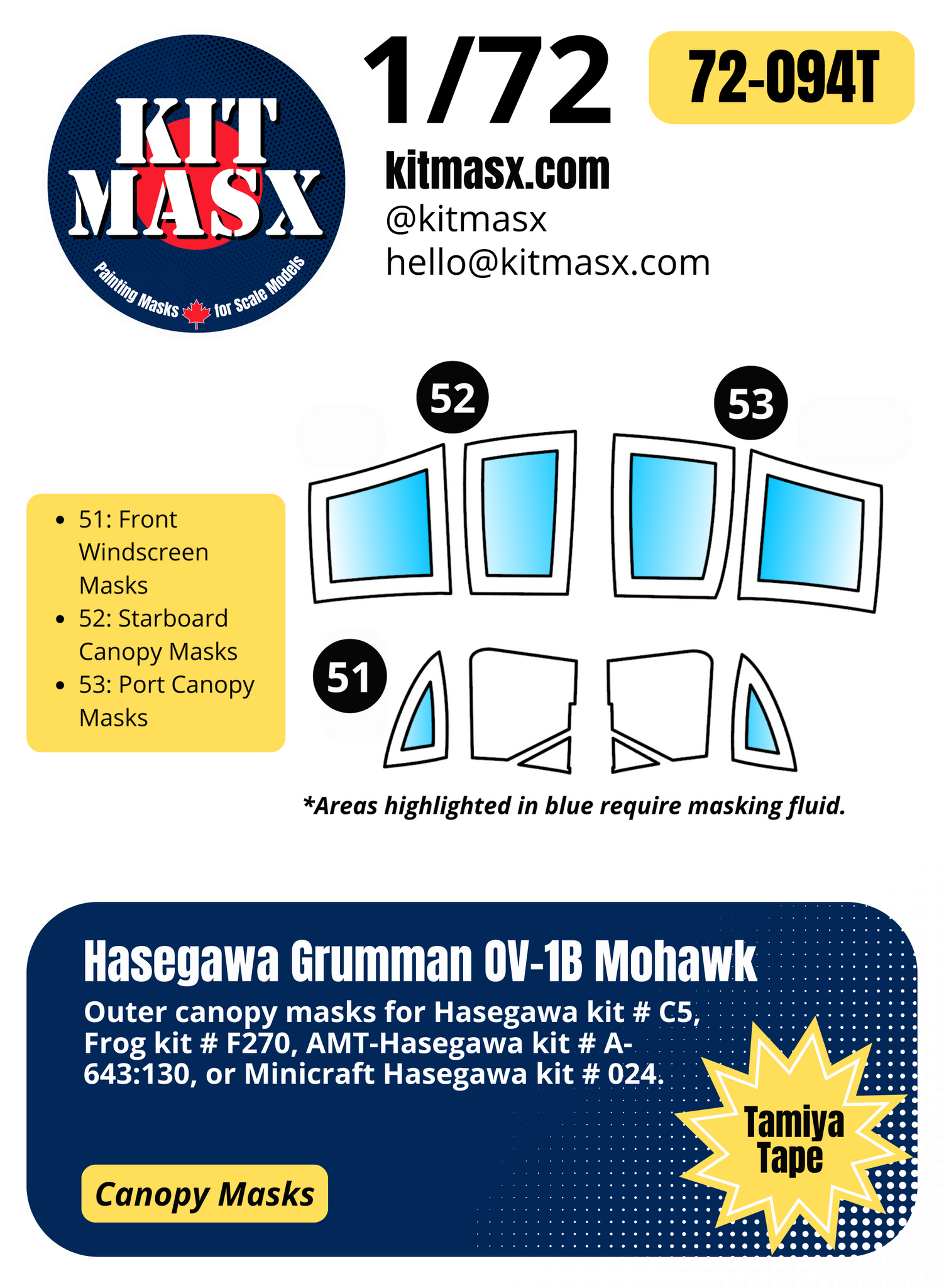 Hasegawa Grumman OV-1B Mohawk 1/72 Canopy Paint Masks, Kit # C5