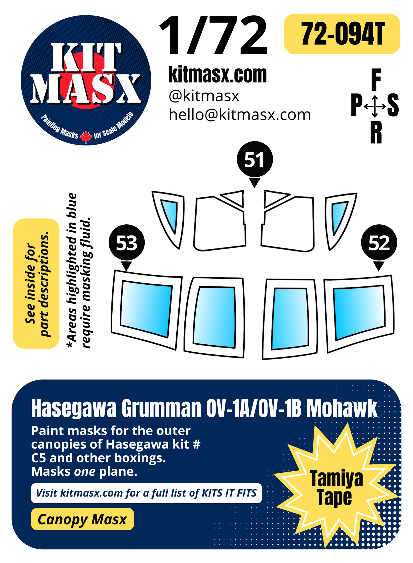 Hasegawa Grumman OV-1A/OV-1B Mohawk 1/72 Canopy Paint Masks, Kit # C5 (72094)