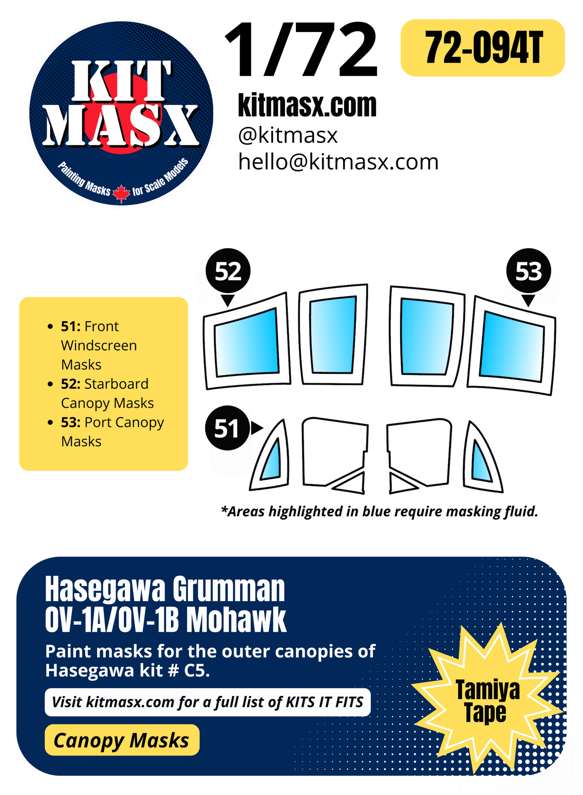 Hasegawa Grumman OV-1A/OV-1B Mohawk 1/72 Canopy Paint Masks, Kit # C5 ...