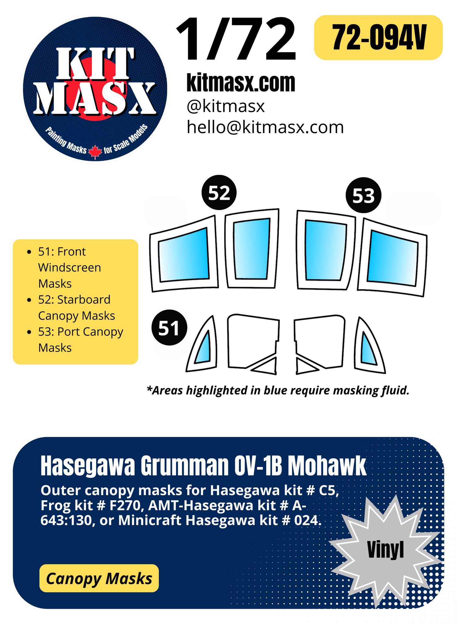 Hasegawa Grumman OV-1B Mohawk 1/72 Canopy Paint Masks