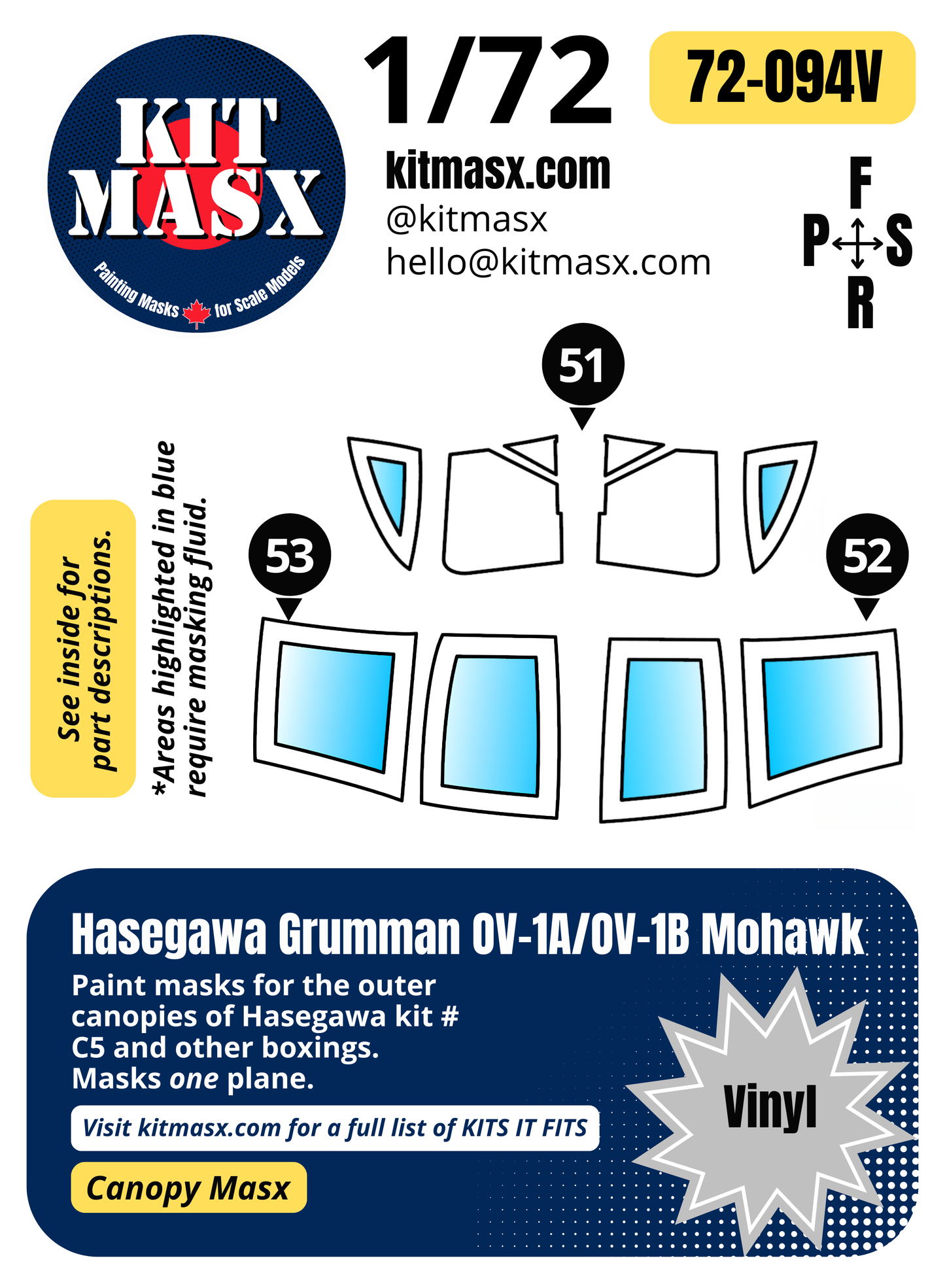 Hasegawa Grumman OV-1A/OV-1B Mohawk 1/72 Canopy Paint Masks, Kit # C5 (72094)
