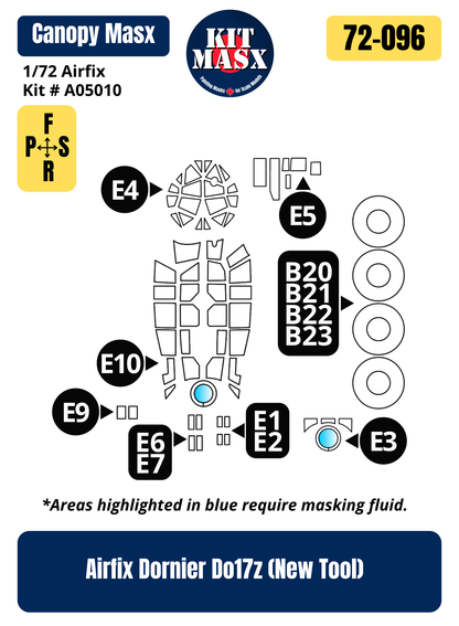 Airfix Dornier Do17z (New Tool) 1/72 Canopy & Wheel Paint Masks, Kit # A05010