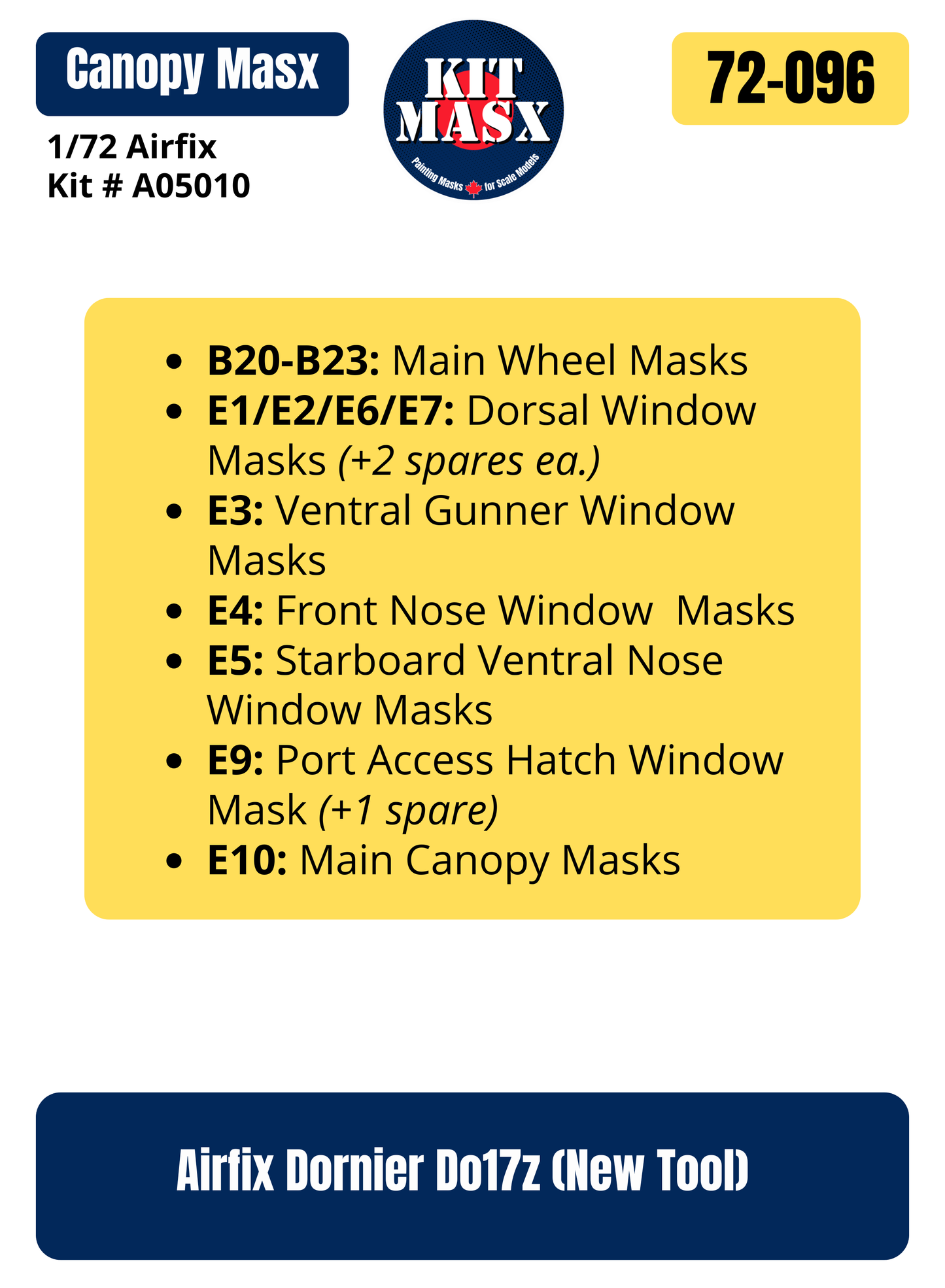Airfix Dornier Do17z (New Tool) 1/72 Canopy & Wheel Paint Masks, Kit # A05010