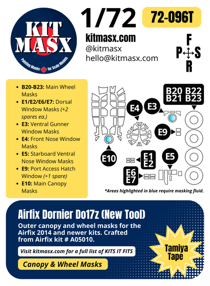 Airfix Dornier Do17z (New Tool) 1/72 Canopy & Wheel Paint Masks, Kit # A05010