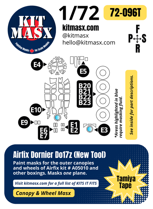 Airfix Dornier Do17z (New Tool) 1/72 Canopy & Wheel Paint Masks, Kit # A05010