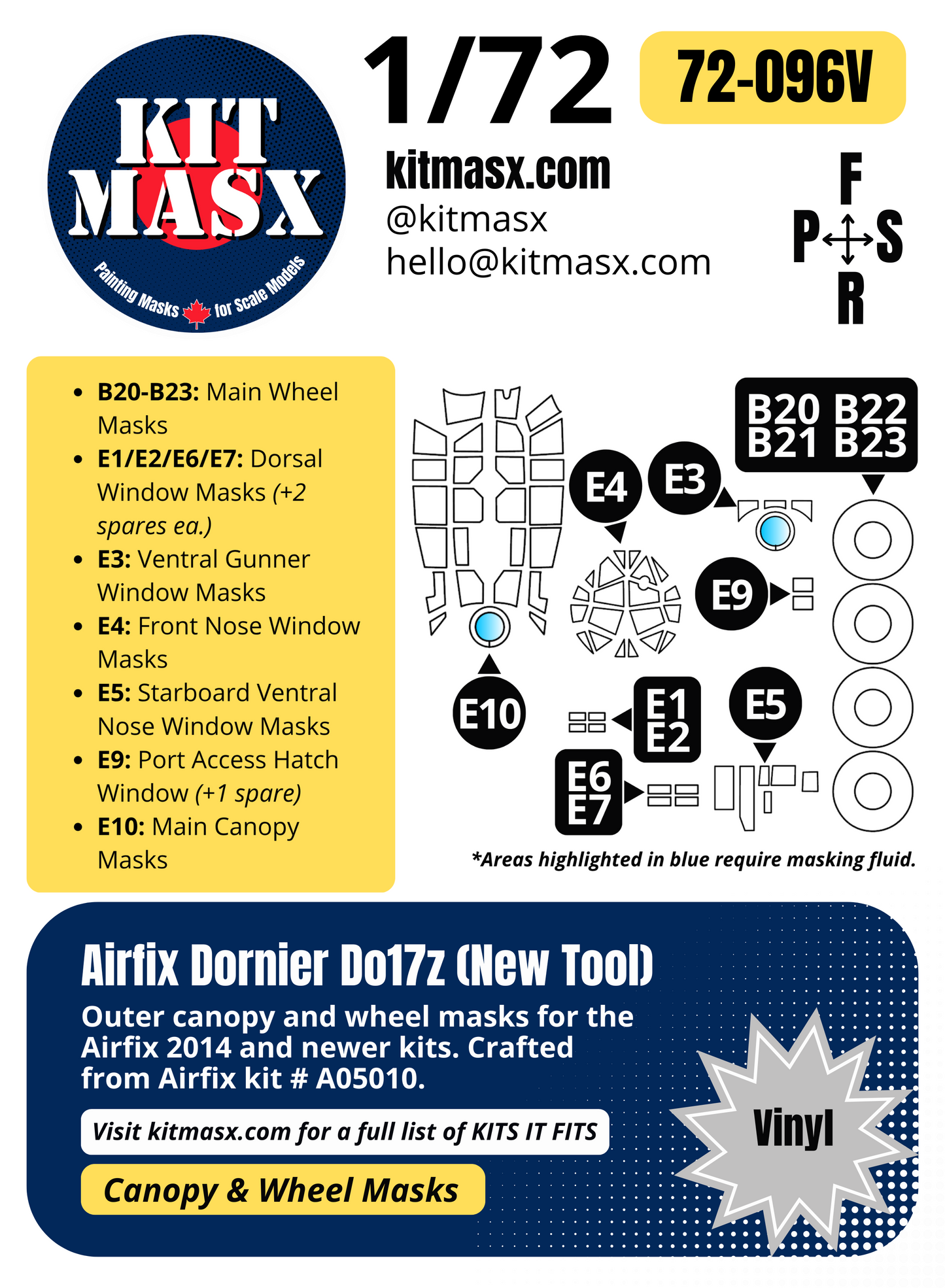 Airfix Dornier Do17z (New Tool) 1/72 Canopy & Wheel Paint Masks, Kit # A05010