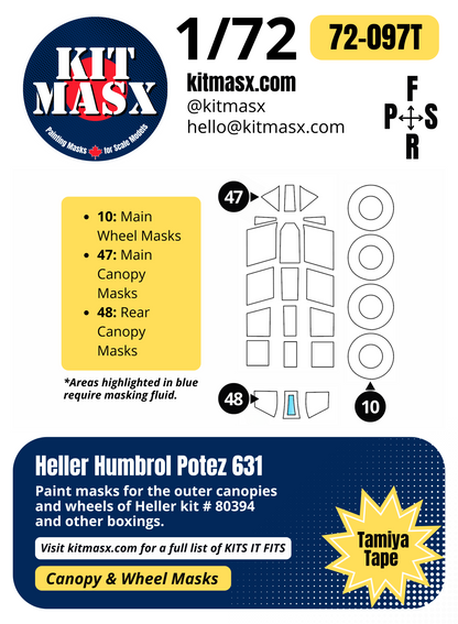 Heller Humbrol Potez 631 1/72 Canopy & Wheel Paint Masks, Kit # 80394
