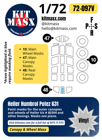 Heller Humbrol Potez 631 1/72 Canopy & Wheel Paint Masks, Kit # 80394