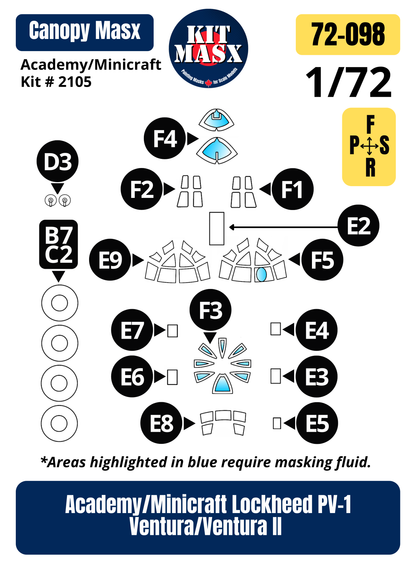 Academy/Minicraft Lockheed PV-1 Ventura/Ventura II 1/72 Canopy & Wheel Paint Masks, Kit # 2105