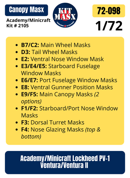 Academy/Minicraft Lockheed PV-1 Ventura/Ventura II 1/72 Canopy & Wheel Paint Masks, Kit # 2105