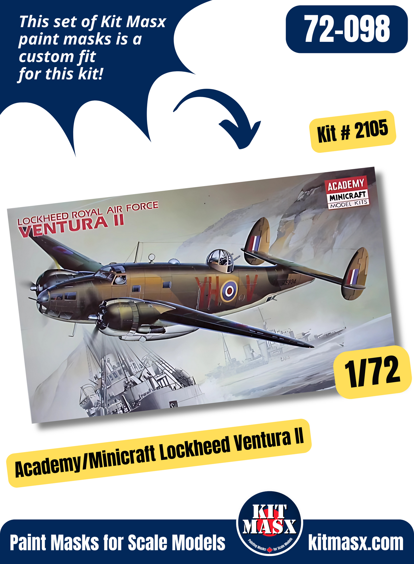 Academy/Minicraft Lockheed PV-1 Ventura/Ventura II 1/72 Canopy & Wheel Paint Masks, Kit # 2105