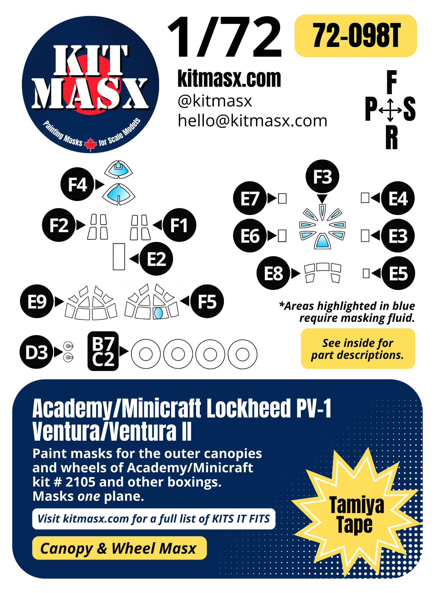 Academy/Minicraft Lockheed PV-1 Ventura/Ventura II 1/72 Canopy & Wheel Paint Masks, Kit # 2105
