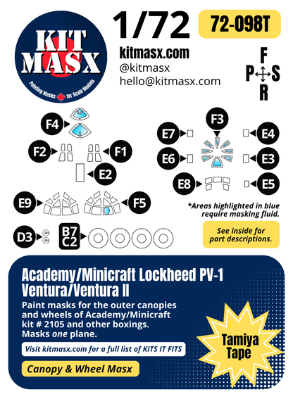 Academy/Minicraft Lockheed PV-1 Ventura/Ventura II 1/72 Canopy & Wheel Paint Masks, Kit # 2105