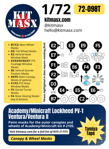 Academy/Minicraft Lockheed PV-1 Ventura/Ventura II 1/72 Canopy & Wheel Paint Masks, Kit # 2105