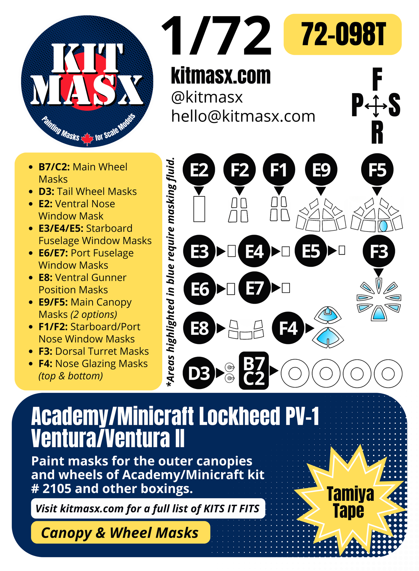 Academy/Minicraft Lockheed PV-1 Ventura/Ventura II 1/72 Canopy & Wheel Paint Masks, Kit # 2105