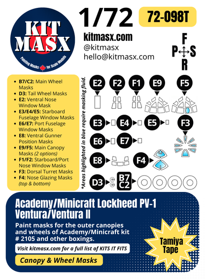 Academy/Minicraft Lockheed PV-1 Ventura/Ventura II 1/72 Canopy & Wheel Paint Masks, Kit # 2105
