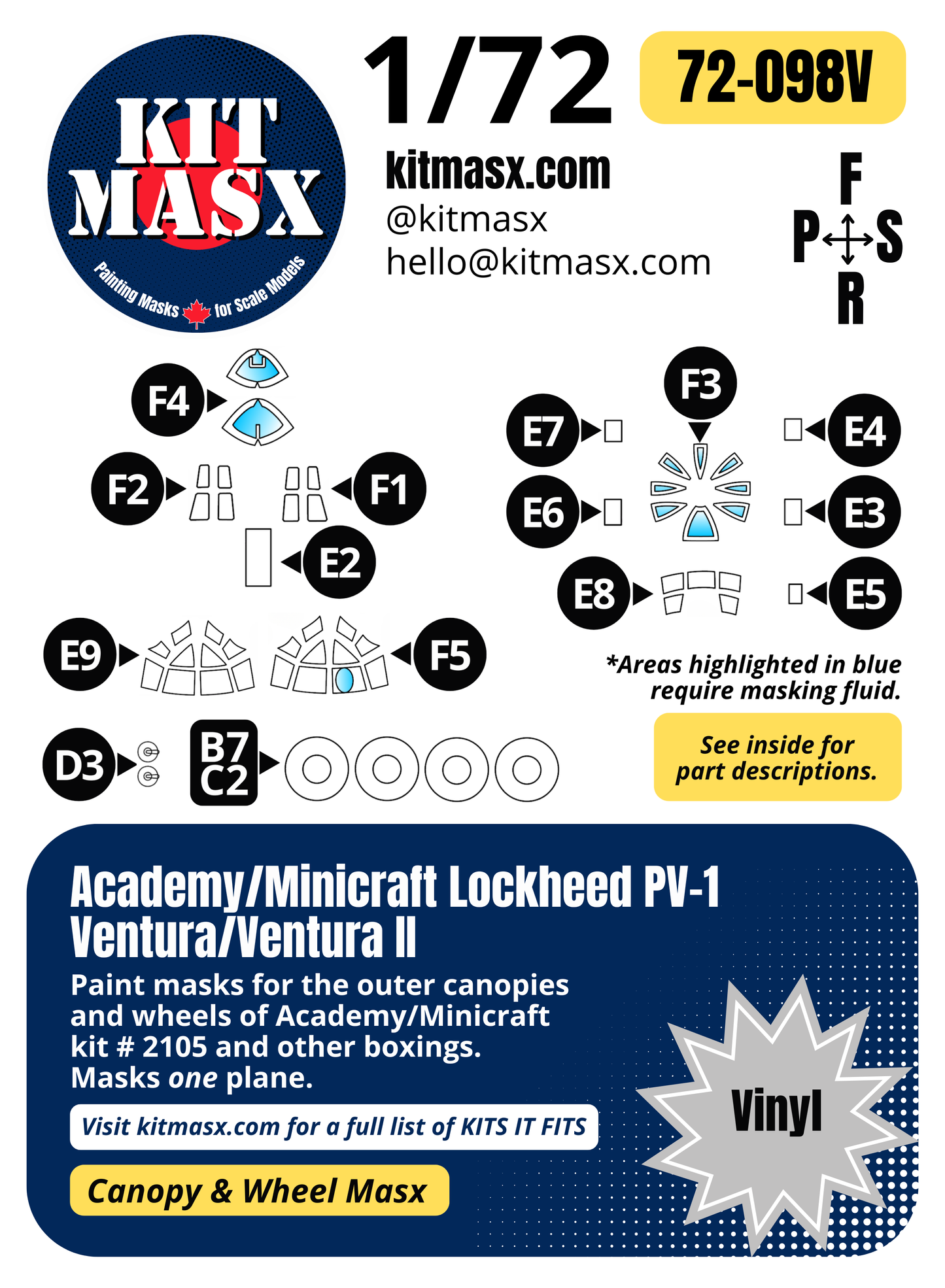 Academy/Minicraft Lockheed PV-1 Ventura/Ventura II 1/72 Canopy & Wheel Paint Masks, Kit # 2105
