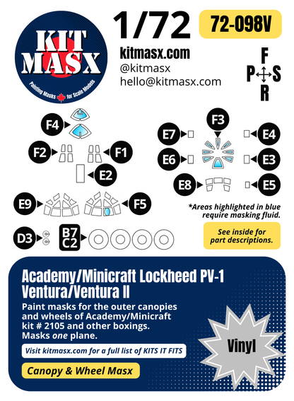 Academy/Minicraft Lockheed PV-1 Ventura/Ventura II 1/72 Canopy & Wheel Paint Masks, Kit # 2105