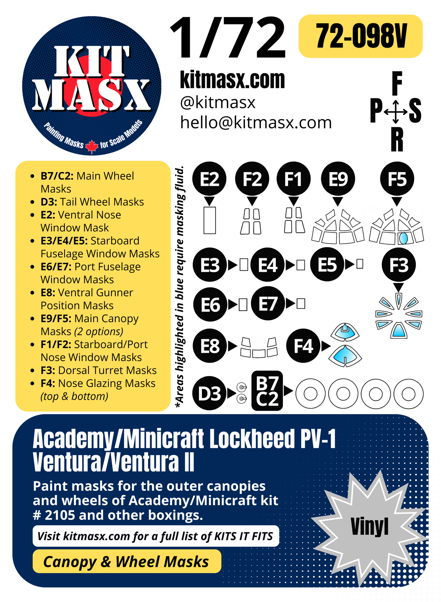 Academy/Minicraft Lockheed PV-1 Ventura/Ventura II 1/72 Canopy & Wheel Paint Masks, Kit # 2105