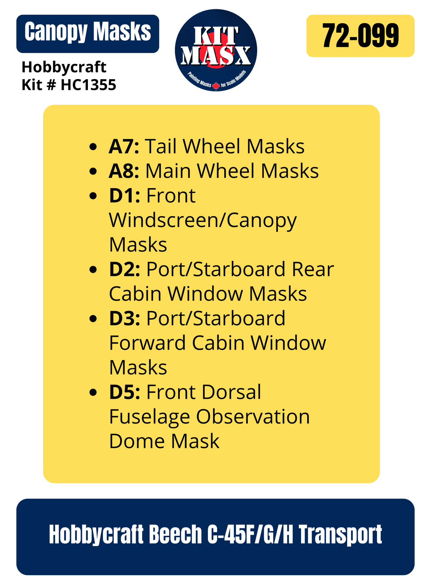 Hobbycraft Beech C-45F/G/H Transport 1/72 Canopy & Wheel Paint Masks, Kit # HC1355