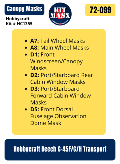 Hobbycraft Beech C-45F/G/H Transport 1/72 Canopy & Wheel Paint Masks, Kit # HC1355