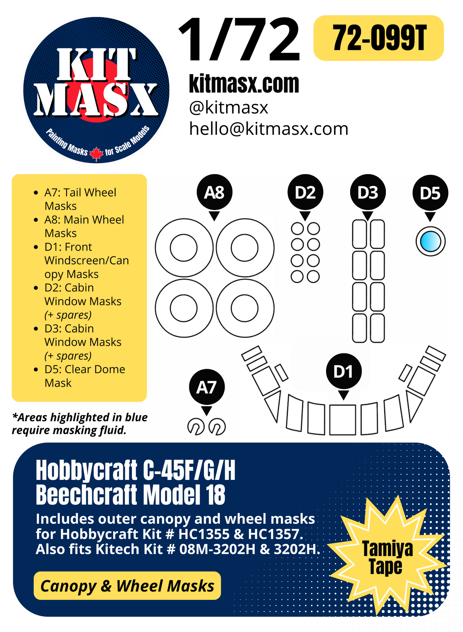 Hobbycraft C-45F/G/H Beechcraft Model 18 1/72 Canopy & Wheel Paint Masks