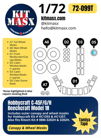 Hobbycraft C-45F/G/H Beechcraft Model 18 1/72 Canopy & Wheel Paint Masks, Kit # HC1355