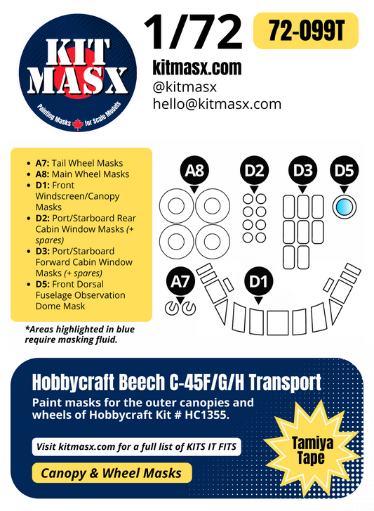 Hobbycraft Beech C-45F/G/H Transport 1/72 Canopy & Wheel Paint Masks, Kit # HC1355
