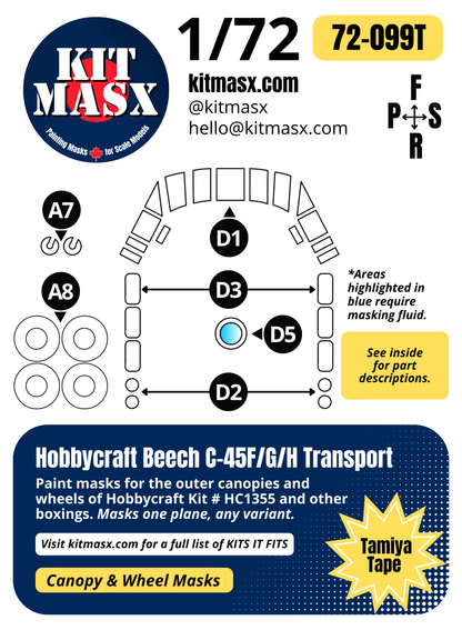 Hobbycraft Beech C-45F/G/H Transport 1/72 Canopy & Wheel Paint Masks, Kit # HC1355