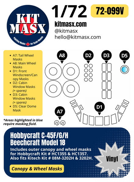 Hobbycraft C-45F/G/H Beechcraft Model 18 1/72 Canopy & Wheel Paint Masks