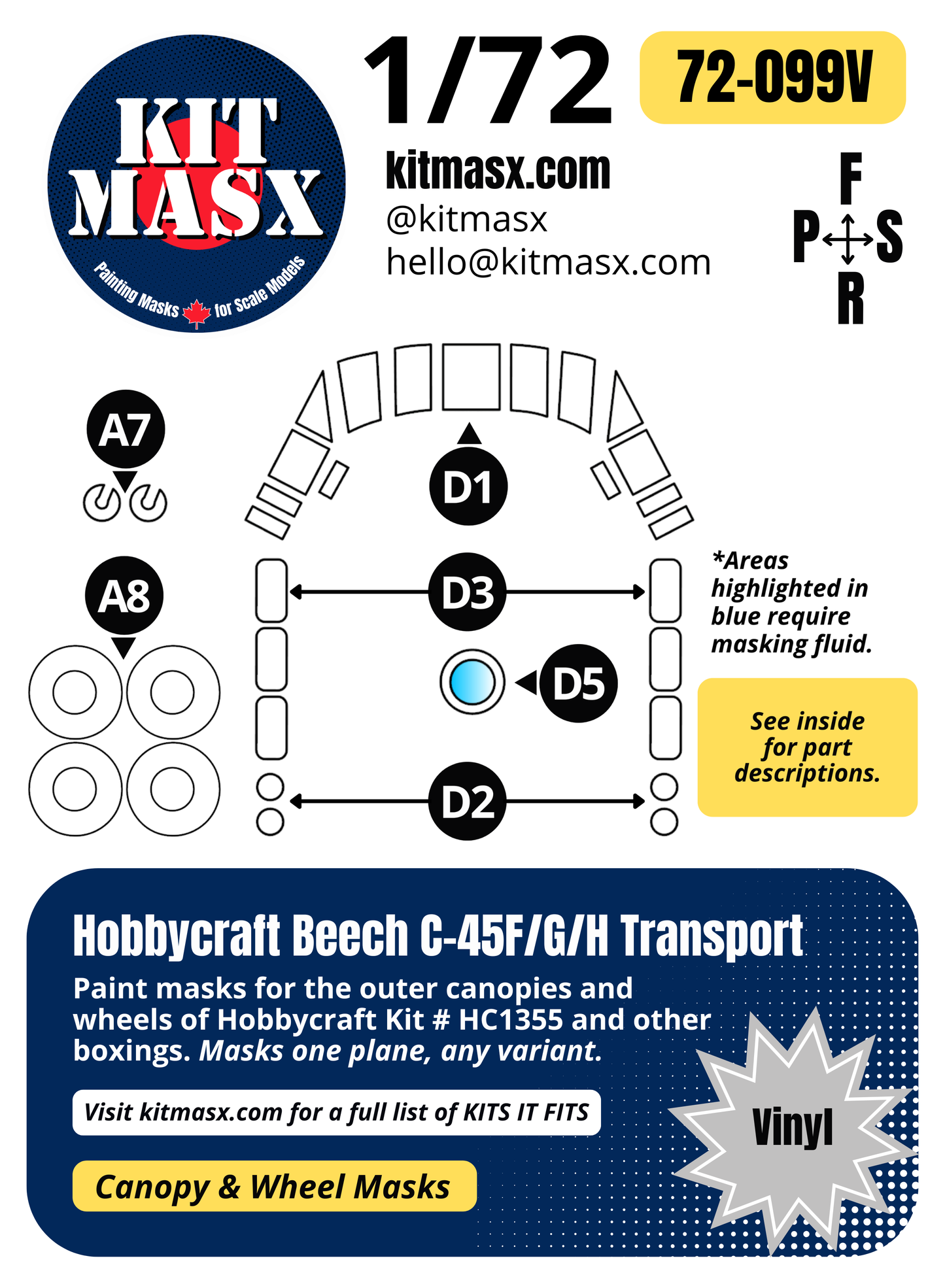 Hobbycraft Beech C-45F/G/H Transport 1/72 Canopy & Wheel Paint Masks, Kit # HC1355