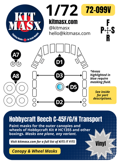 Hobbycraft Beech C-45F/G/H Transport 1/72 Canopy & Wheel Paint Masks, Kit # HC1355