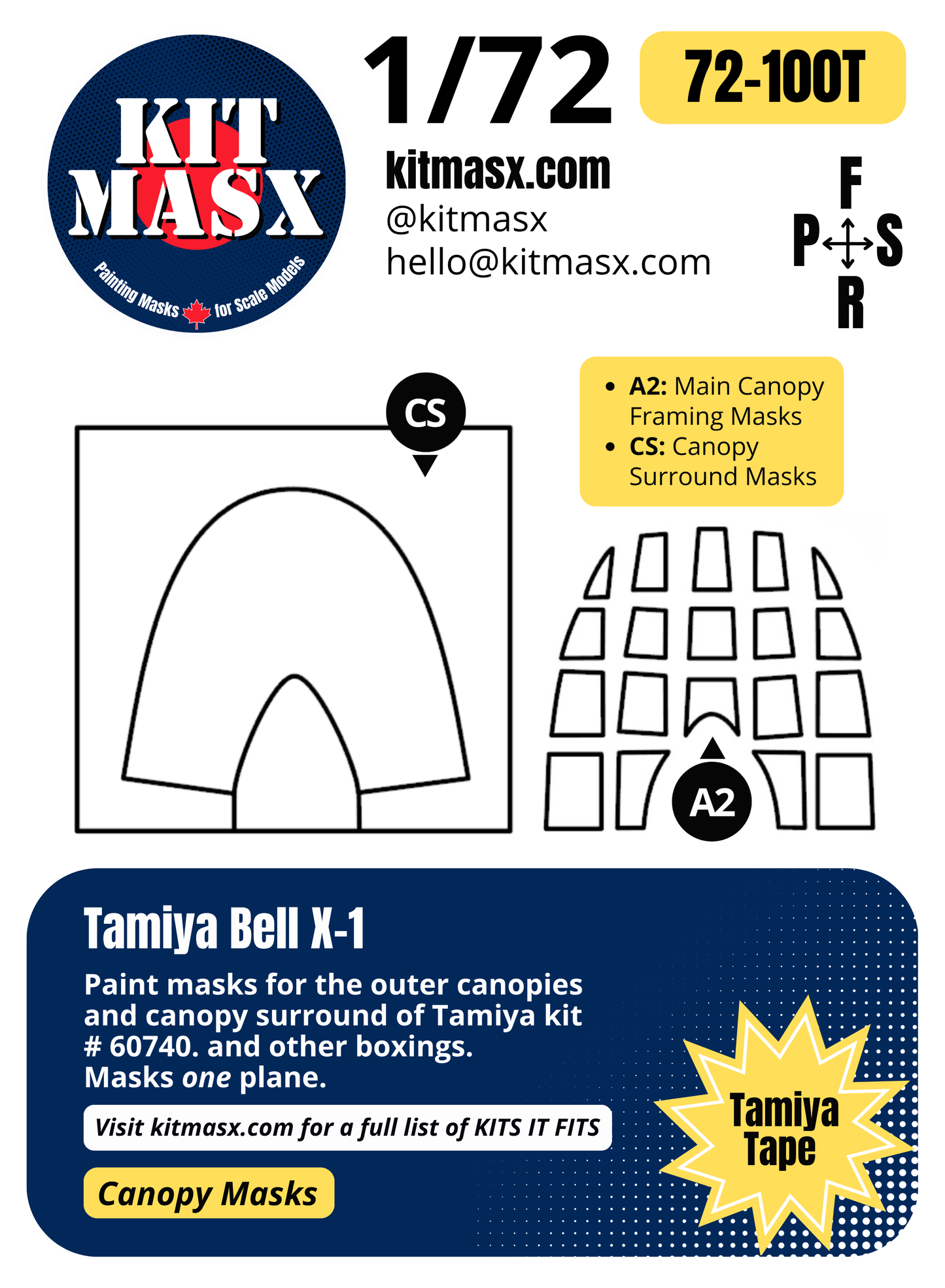 Tamiya Bell X-1 1/72 Canopy Paint Masks, Kit # 60740
