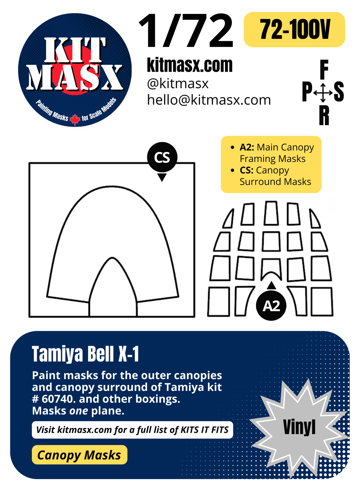Tamiya Bell X-1 1/72 Canopy Paint Masks, Kit # 60740