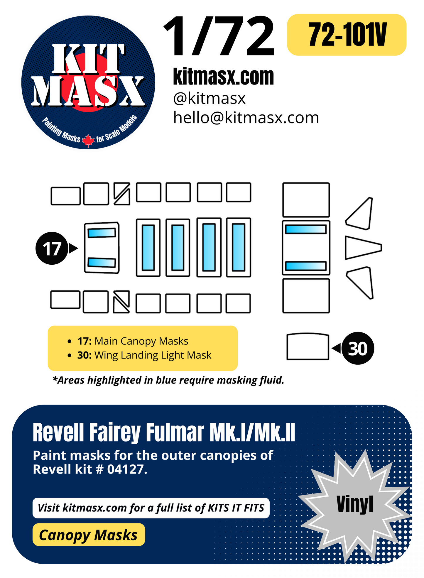 Revell Fairey Fulmar Mk.I/Mk.II 1/72 Canopy Paint Masks, Kit # 04127