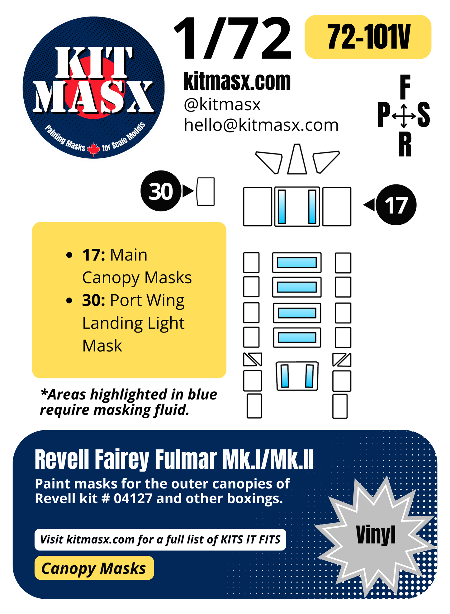 Revell Fairey Fulmar Mk.I/Mk.II 1/72 Canopy Paint Masks, Kit # 04127