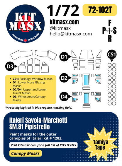 Italeri Savoia-Marchetti SM.81 Pipistrello 1/72 Canopy Paint Masks, Kit # 1283