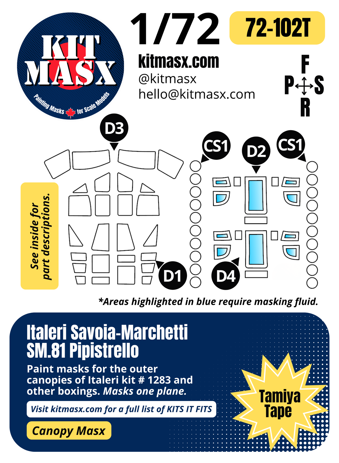 Italeri Savoia-Marchetti SM.81 Pipistrello 1/72 Canopy Paint Masks, Kit # 1283