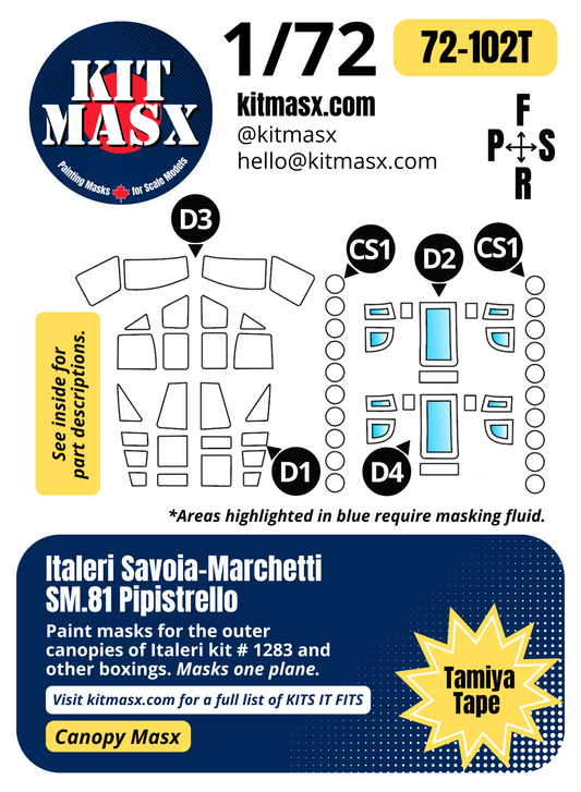 Italeri Savoia-Marchetti SM.81 Pipistrello 1/72 Canopy Paint Masks, Kit # 1283