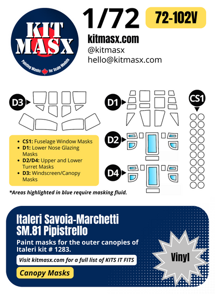 Italeri Savoia-Marchetti SM.81 Pipistrello 1/72 Canopy Paint Masks, Kit # 1283